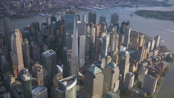 Cityscape of Lower Manhattan with One World Trade Center in Sunny Day. Aerial View. New York City