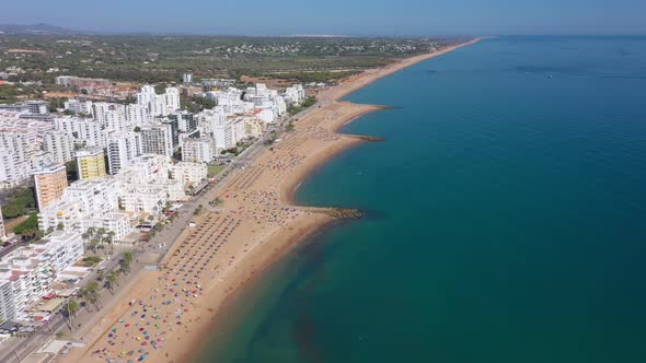 Drone Footage Shooting the Tourist Town of Quareira on the Shores of the Atlantic Ocean Beaches with