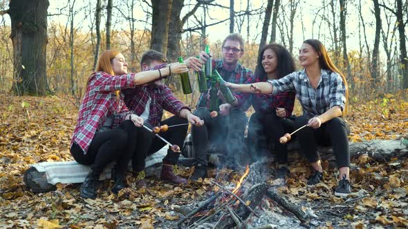 Multiethnic Friends Having Picnic By Campfire