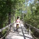 Following Shot of Cute Girl Riding a Bicycle on the Rural Wooden Bridge in Beautiful Tropic Nature - VideoHive Item for Sale