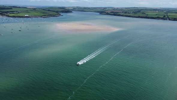 Speed Boat On River Camel Low Tide Sandbanks, Padstow, Cornwall Aerial Landscape