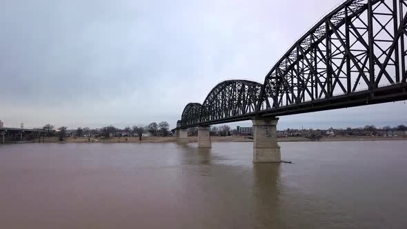 Aerial view of George Rogers Clark Memorial Bridge with Louisville Kentucky city seen