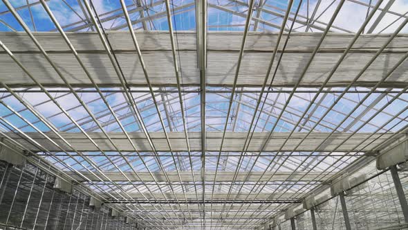 Large greenhouse ceiling, horticulture garden centre roof, slider shot