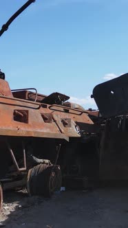 Vertical Video of a Destroyed Military Hardware in Bucha Ukraine