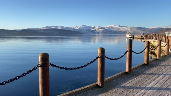 View from right to left over Fauske pier, Skjerstad fjord, saltdal, Northern Scandinavia, Bright sun