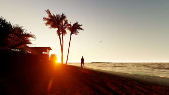 Woman Running On The Sunset Beach