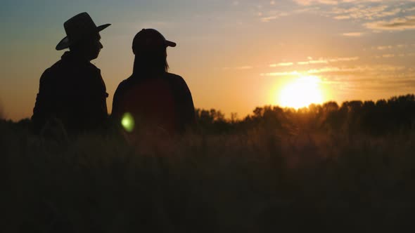 Silhouette Farmers Talking in a Wheat Field Against Sunset