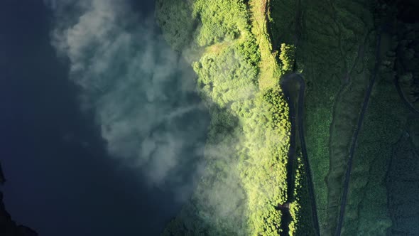 Curved Road in Mountains with Lagoon of the Seven Cities Sao Miguel Island