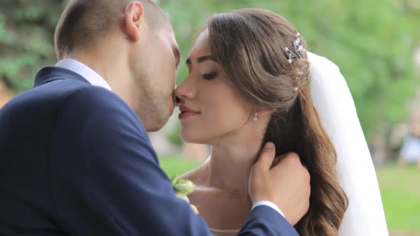 Portrait of Bride and Groom Kissing on a Background of the City