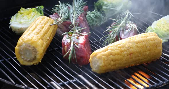 Organic vegetables and beef on a barbecue