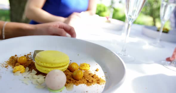 Plates of desserts on the table during lunch