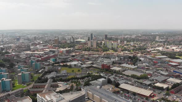 Aerial footage of the St. James's University Hospital in Leeds, West Yorkshire, England in the UK