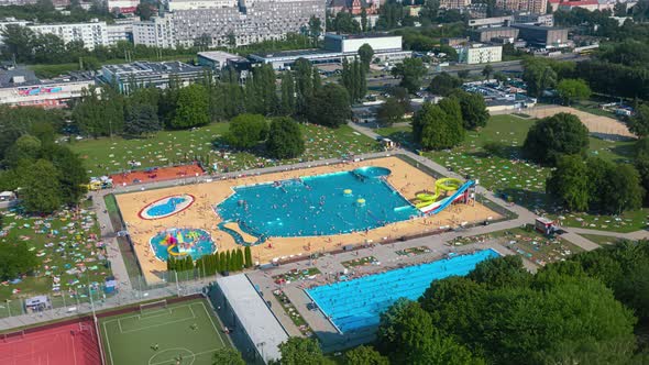 Aerial Timelapse Hyperlapse Open Air Swimming Pool in Warsaw City