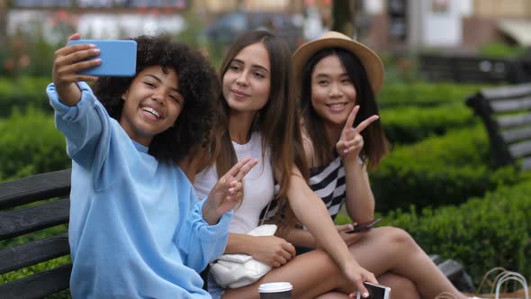 Carefree Relaxed Girls Taking Selfie on Cellphone