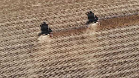 Aerial View of Several Harvesters on a Field of Sunflowers