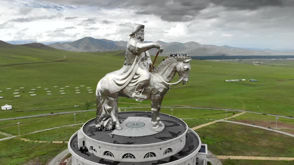 Equestrian Statue of Great Warrior Genghis Khan in Ulaanbaatar Mongolia From Aerial