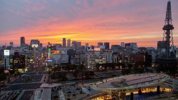 Nagoya Downtown Transportation at Sunset Timelapse