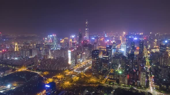 Shenzhen Urban Cityscape at Night. Skyscrapers of Futian District. China. Aerial View