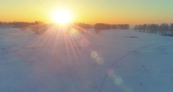 Aerial Drone View of Cold Winter Landscape with Arctic Field, Trees Covered with Frost Snow and