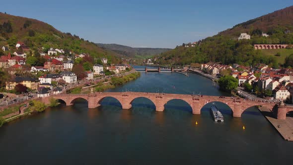 Pedestrian bridge over the river. Beautiful top view of the Heidelberg castle