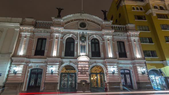 Central Post Office Building Illuminated at Night Timelapse Hyperlapse Lima Peru