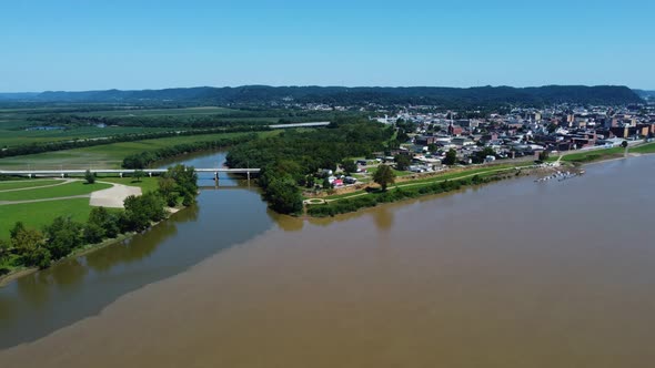 The confluence of the Scioto River and Ohio River at Portsmouth, Ohio, aerial drone