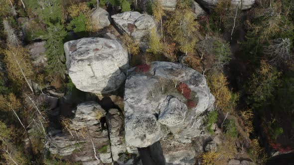 Aerial View of Autumn Forest and Huge Boulders