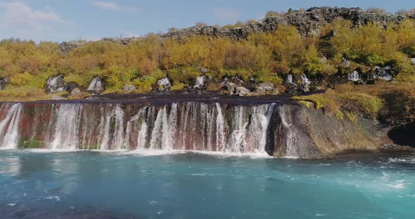 Hraunfossar and Hvita River in Autumn Iceland Aerial View