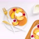 Top view of pancakes with peaches and yogurt. Stop Motion Animation. - VideoHive Item for Sale
