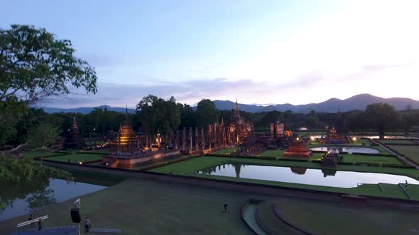 AERIAL SHOT OF SUKHOTHAI HISTORICAL PARK UNESCO WORLD HERITAGE SITE IN THAILANDAT SUHKOTHAI PROVIN