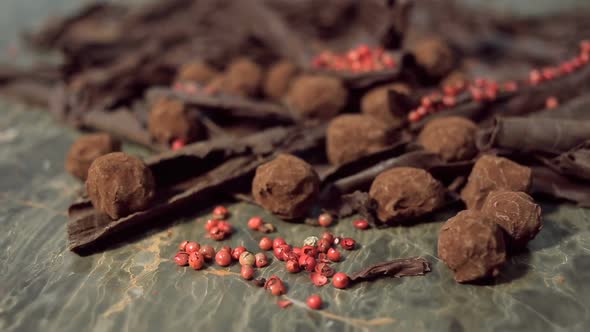 Truffles in Dark Chocolate With Red Pepper and Chocolate Chips