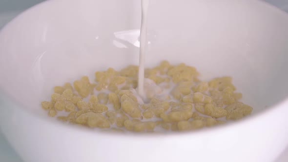 Man Prepares Breakfast Filling Cereals in Bowl with Milk