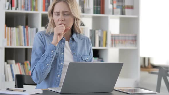 Cough Sick Young Woman Coughing in Office