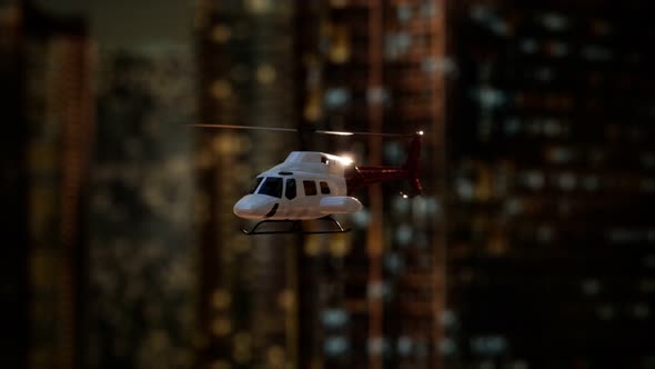 Slow Motion Helicopter Near Skyscrapers at Night