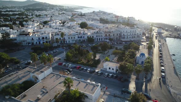 Marina of Parikia on Paros island in the Cyclades in Greece seen from the sky