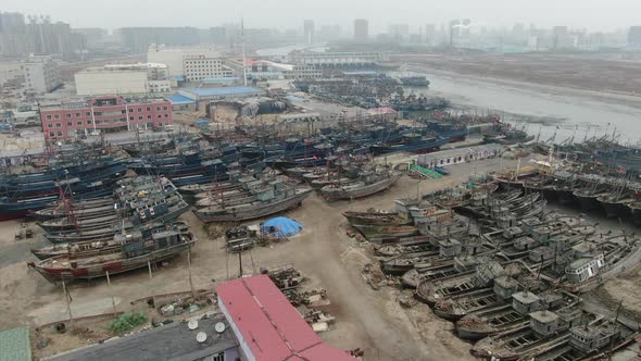 Aerial photo of abandoned folk shipyard in Dandong, China