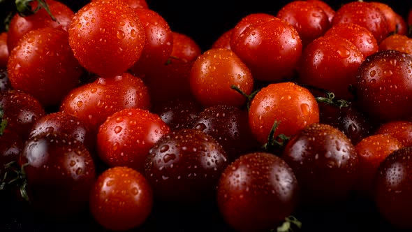 Cherry tomatoes on a black background in water drops.