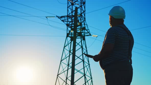 Silhouette Businessman Man in Protective Helmet in Field Using Tablet and Looks at