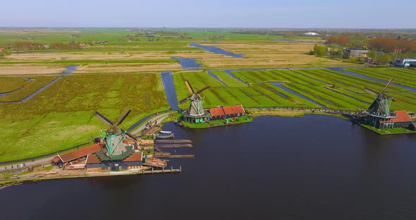 Old Dutch Wooden Windmills of Zaanse Schans, Aerial view.