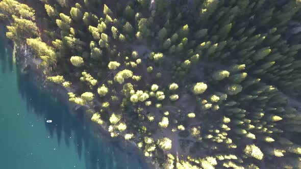 Top down drone shot of the water and forest during the Golden hour at Emerald Bay in Tahoe Californi