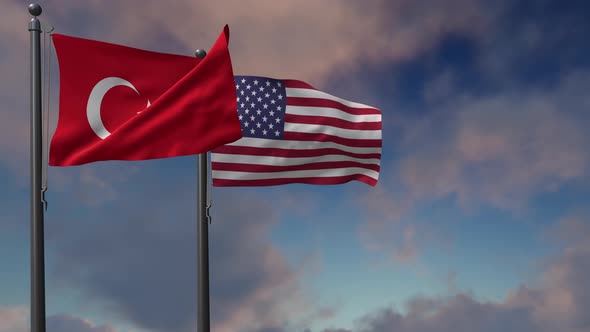 Turkey Flag Waving Along With The National Flag Of The USA - 4K