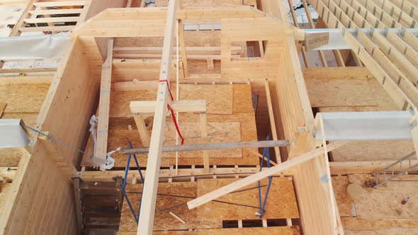Aerial Shot Wooden Construction of House Roof