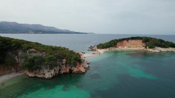 Aerial View of Tropical Beach in Ksamil Islands with Turquoise Water Albania