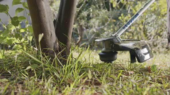 Slow motion of a string trimmer cutting weeds and grass in a garden