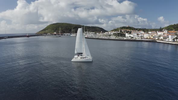 Aerial View of Sailboat in a regatta off the coast of Matriz, Azores, Portugal.