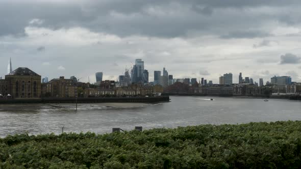 River Thames with Rotherhithe District Panorama in Background, Overcast Day