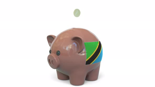 Putting Money Into Piggy Bank with Flag of Tanzania