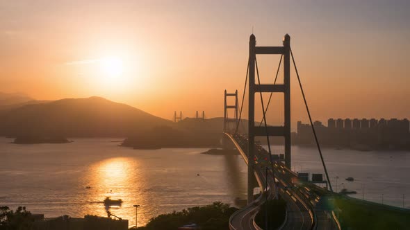 Timelapse of Evening Traffic Jam on the Bridge in Hong Kong