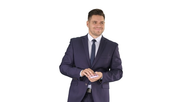 Man in suit walking and counting money on white background.