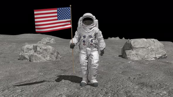 Astronaut Walking on the Moon with American Flag alt